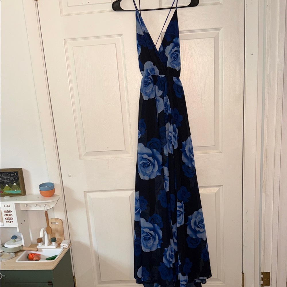 Lulu's Black Maxi Dress with Blue Rose Print